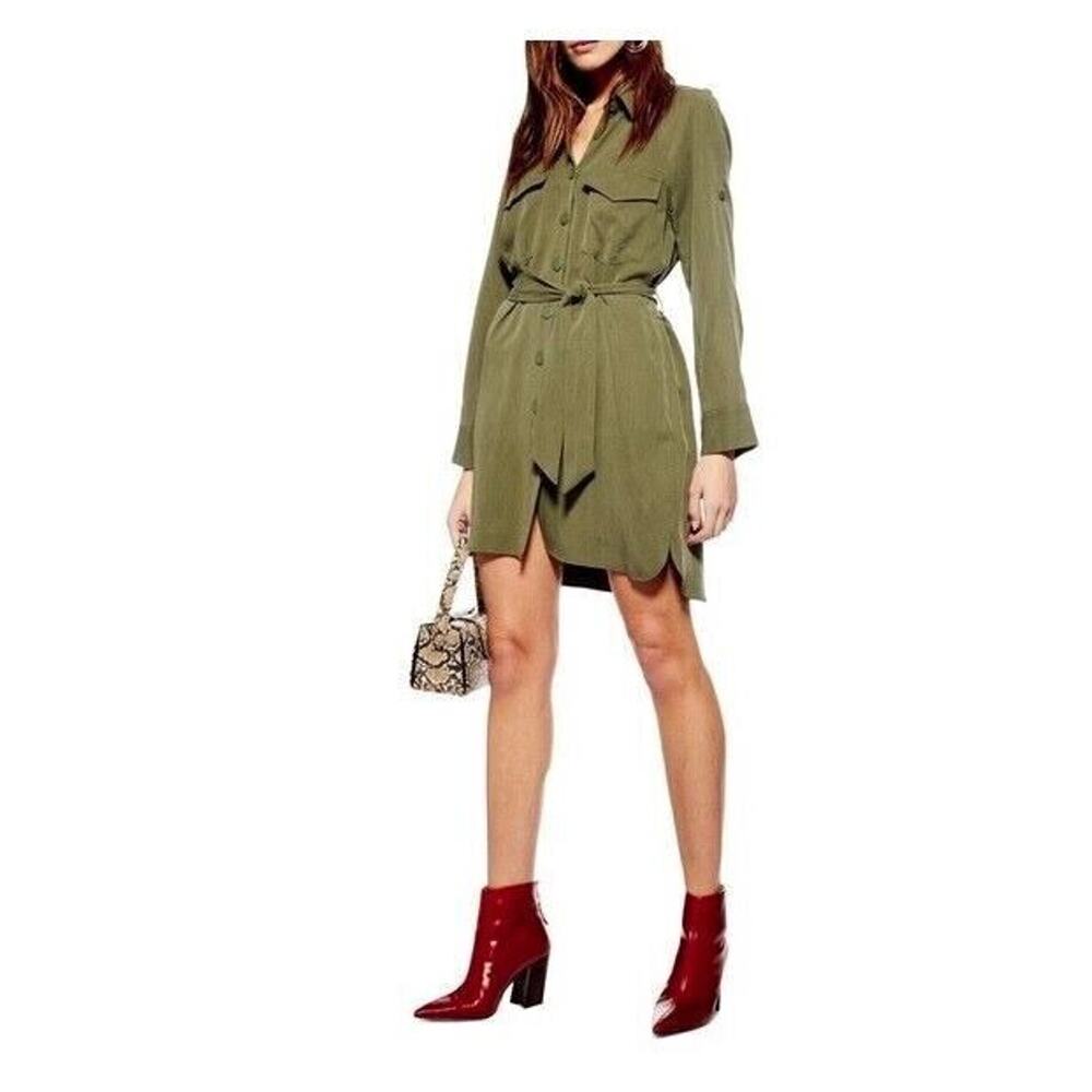 Topshop Women's Long Roll Tab Sleeve Utility Dress in Green Size 6 MSRP $75